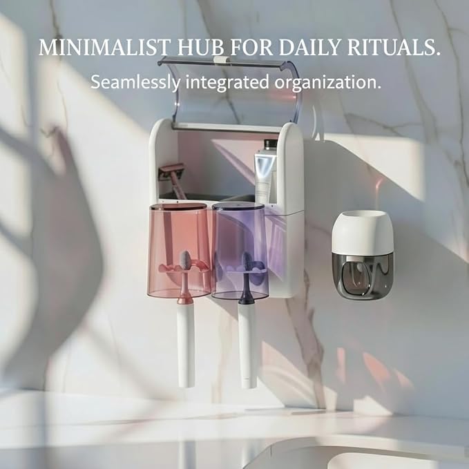 Wall Mount Toothbrush Holder with One-Touch Toothpaste Dispenser - 2 Secure Slot-in Inverted Cups, Hidden Top Storage Deck, Rental-Friendly Space-Saving Bathroom Organizer for Couples - Pro-Series