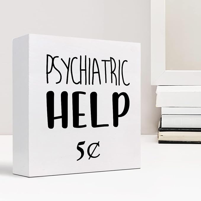 z-Crange Help 5 Cents Wood Box Decor Desk Sign, Funny Mental Health Quotes Wooden Box Block Sign for Home Office Shelf Table Decor
