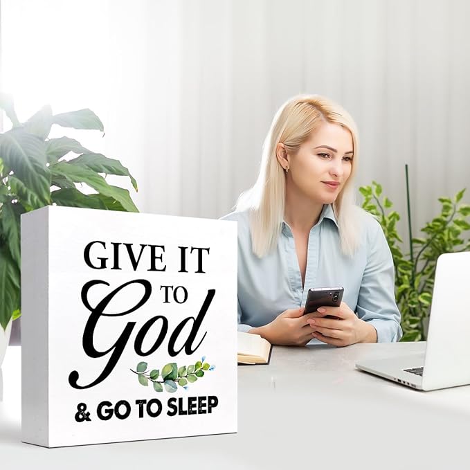 z-crange Give It to God and Go to Sleep Rustic Bedroom Wood Box Sign Decor Desk Sign,Christian Wooden Box Block Sign for Christian Home Bedroom Shelf Table Decor Decorations