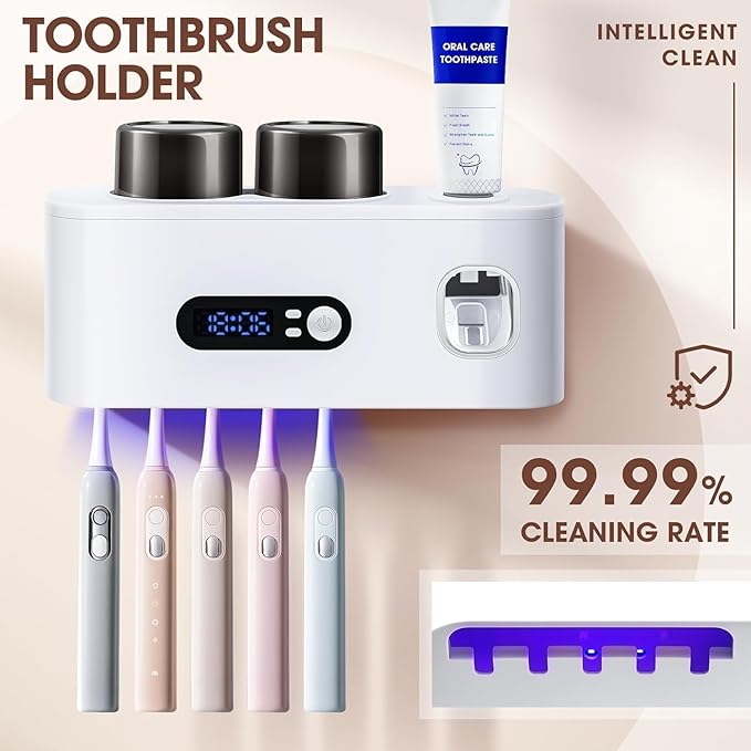Toothbrush Holder with UV Sanitizer and Toothpaste Dispenser, Timer Display with Wall Mounted Smart Toothbrush Organizer for Bathroom, with 2 Cups and Automatic Sterilization Function, White