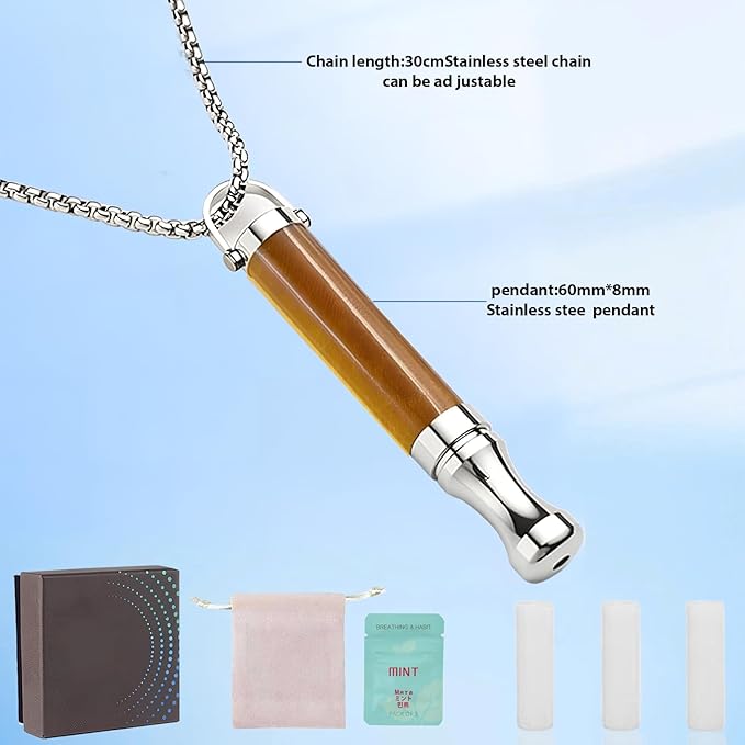 Anxiety Breathing Necklace with Resistance, Quit Smoking Necklace with Mint Filter, Tiger Eye Stone Quit Vaping Tool with Air Filter, Anxiety Relief Breathing Tool