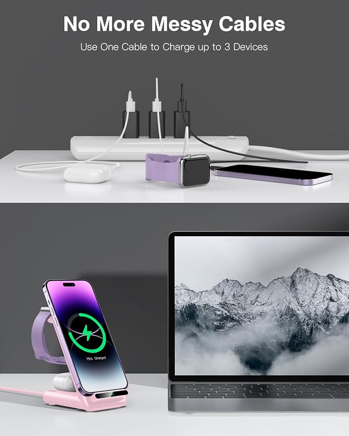 Wireless Charging Station,3 in 1 Charging Stand Made for Apple Watch Ultra 10 9 8 7 6 SE 5 4 3,Fast Wireless Charger Made for iPhone 16/15/14/13/12/11/X,for AirPods Pro(with Adapter) (Pink)
