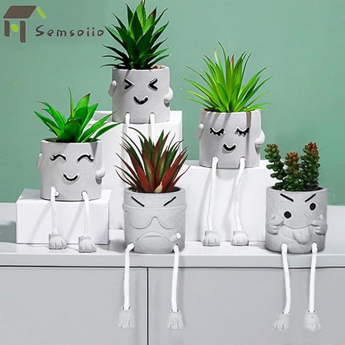Set of 2 Funny Cement Fake Succulents with Hanging Legs, Small Artificial Desk Plant for Office Decor for Women, Mini Faux Succulents Potted, Gamer Room Decor for Boys, Cute Room Decor for Cubicle