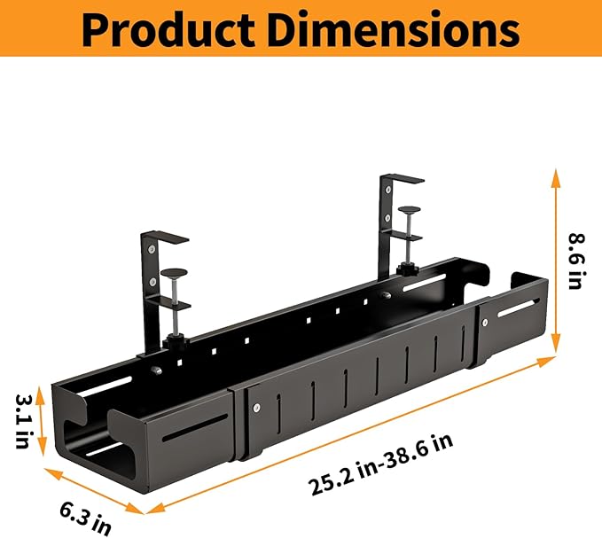 Under Desk Cable Management Tray, Expandable Length 25.2"-38.6",No Drill No Damage to Desk,Cable Tray with Clamp for with Wire Management,for Cord Organizer for Home Office Standing Desk, Black