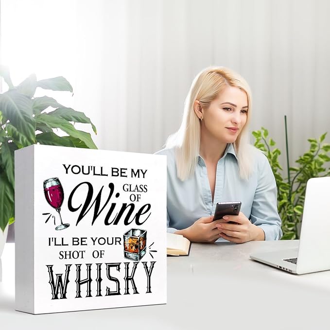 z-crange You'll Be My Glass of I'll Be Your Shot of Wood Box Sign Decor Desk Sign,Funny Wooden Box Block Sign for Home Living Room Bar Pug Lounge Wedding Shelf Table Decor Decorations