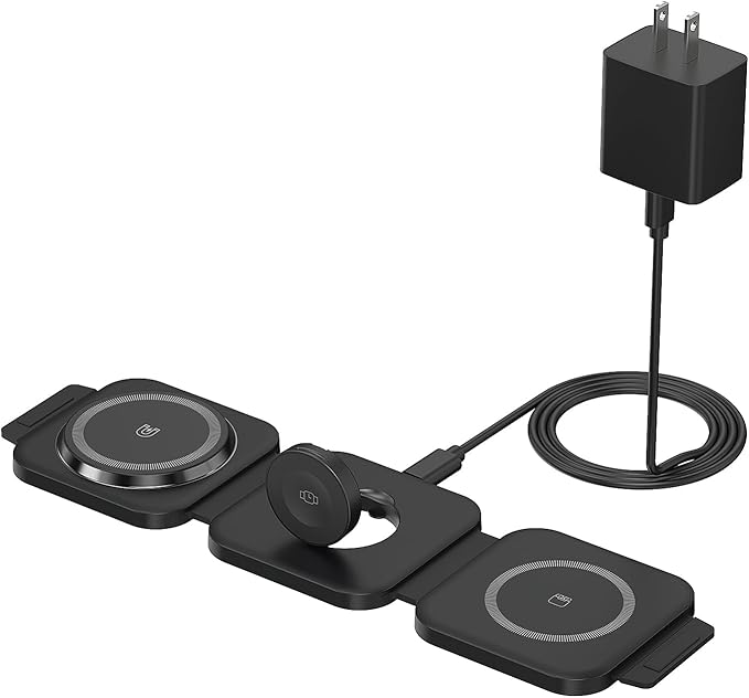 Wireless Charging Station for Apple Multiple Devices - 3 in 1 Foldable Magnetic Wireless Charger - Travel Charging Pad for iPhone 16 15 14 13 12 Pro Max Plus Watch & AirPods (Black)