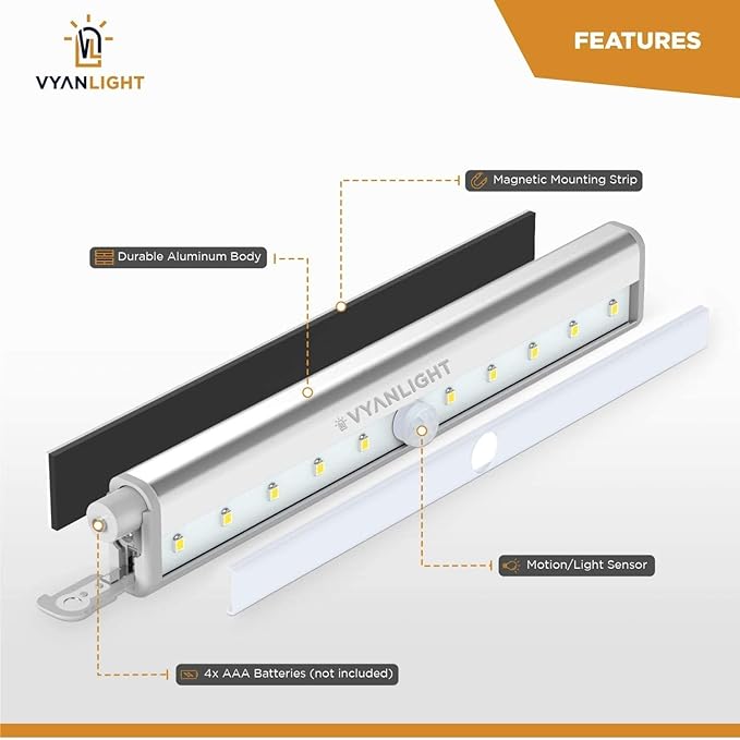 VYANLIGHT Motion Sensor LED Under Cabinet Lights, 10 LED Light Strips for Closet, Kitchen, Bathroom, Pantry - Battery Operated, Wireless, Peel and Stick, 3 Pack