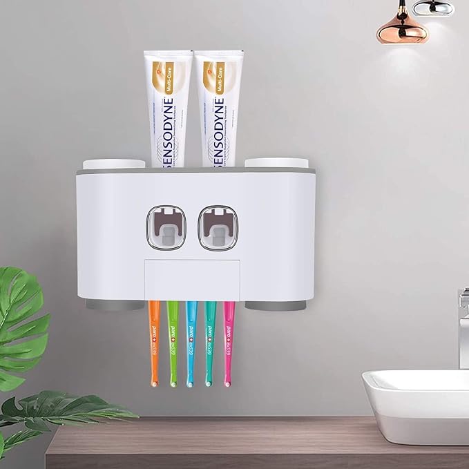 Toothbrush Holder Multifunctional Wall Mounted Toothbrush and Toothpaste Squeezer Kit with 2 Toothpaste Dispenser, 5 Toothbrush Slots, 4 Cups and 1 Storage Compartment Organizer for Bathroom