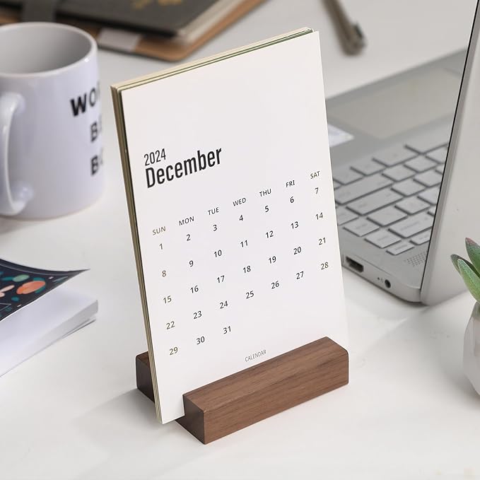 UNIQOOO 3.5" Walnut Wood Stand for Monthly Desk Calendar, Wooden Block Base, Cardstock Holder, For Office Home Retail Reception Decor, Photo Display, 2 Pack