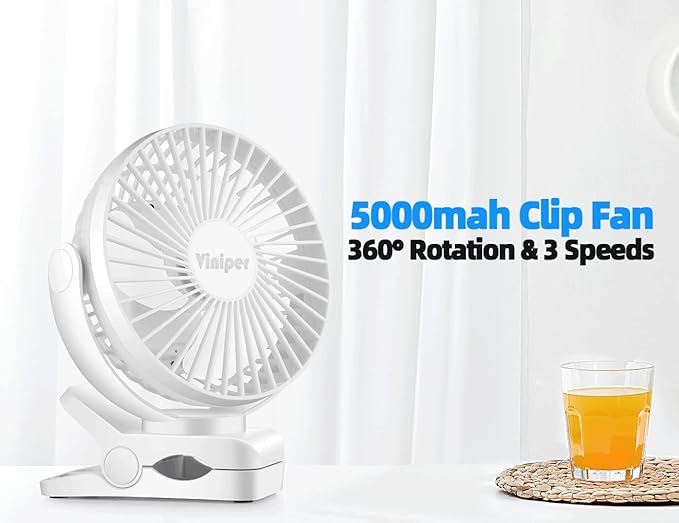 Viniper 6 inch Rechargeable Clip on Fan, 5000mah Battery Desk Fan : 360° Rotation & 3 Speeds Strong Wind Portable Fan, 8-30 Working Hours, Quiet and Powerful (White)