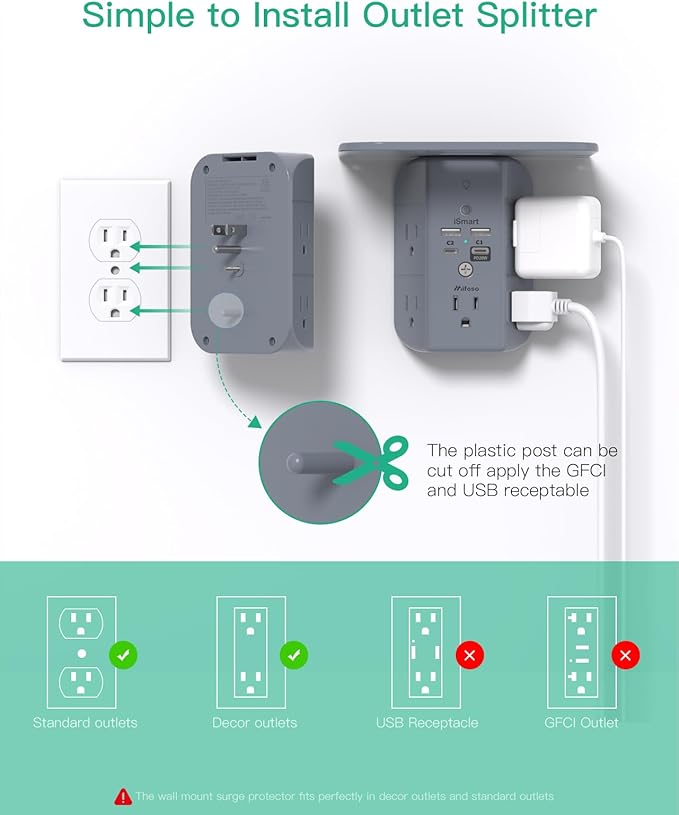 PD20W Wall Outlet Extender, Outlet Splitter with Shelf and Night Light, USB Wall Charger with 5 AC Outlets and 3 USB A Ports 1 USB C Ports Wide Space 3-Sided Power Strip Multi Plug Outlets Gray
