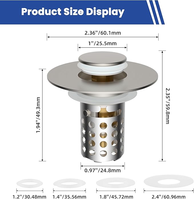 Universal Bathroom Sink Drain Strainer Hair Catcher Upgraded with Removable Stainless Steel Filter Basket, 3 in 1 Pop Up Sink Stopper for 1.1''~2.36'' Sink Basin Hole, Brushed Nickel