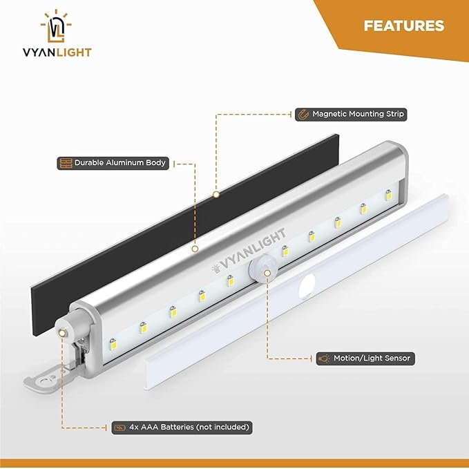 VYANLIGHT Under Cabinet Lighting – Motion Sensor Closet Lights, Battery Operated LED Strip Light Bar, Stick-On Wireless Indoor Lights for Kitchen, Pantry, Hallway, Stairs, 4 Pack