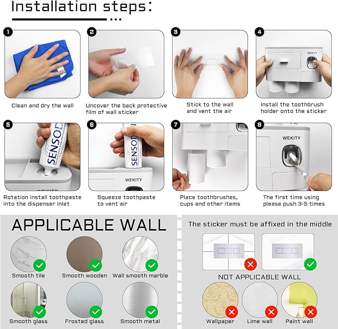 Wekity Multifunctional Wall-Mounted Toothbrush Holder, Automatic Toothpaste Dispenser Space Saving Toothbrush and Toothpaste Holder, with 2 Cups and Drawers Cosmetic Organizer(Grey)
