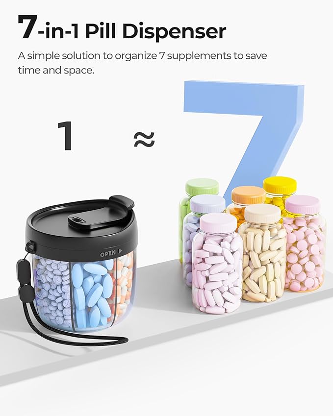 Cute Pill Dispenser with 7 Large Compartments, Portable Pill Bottle Organizer with Wide Opening for Easy Use, Anti-Mix Pill Organizer for Travel, BPA-Free Pill Container, Black