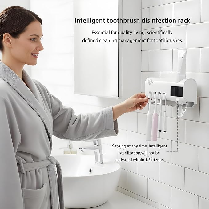 Toothbrush Holders, Electric Wall Mounted Toothbrush Holder with Toothpaste Dispenser, 4 Slots,No-Drill Mounting,Intelligent Sensing,Rechargeable, for Bathrooms,Hotels,Dormitories,RV (Black)