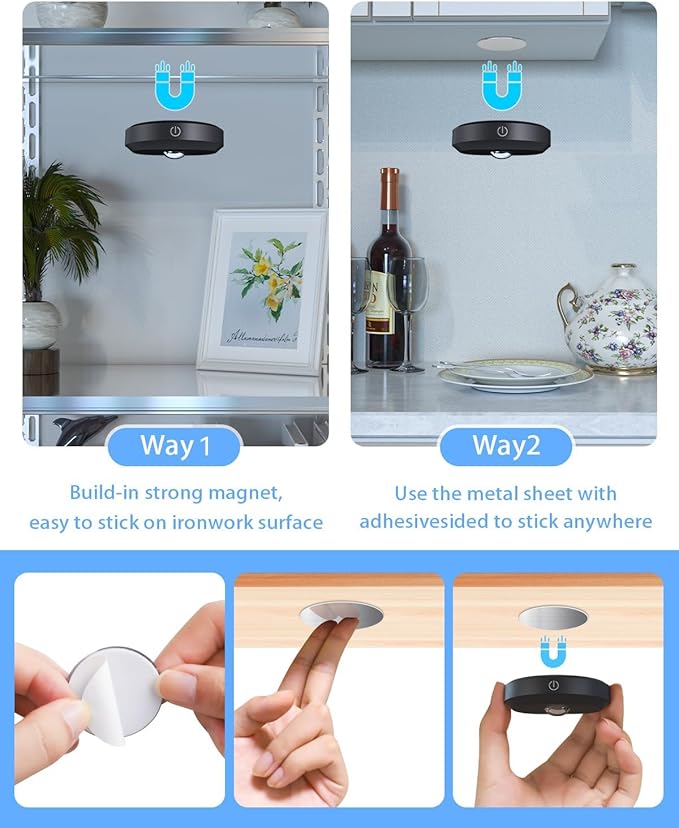 WILLED Puck Lights with Remote Control, Rechargeable Under Cabinet Lights, 1200mAh Battery Operated Tap Lights, Dimmable Push Lighting, Wireless Closet Light, LED USB Stick On Light (6 Pack)