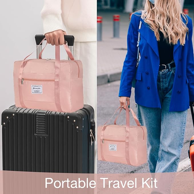 Travel Pillow and Blanket Set & Foot Rest, Memory Foam Neck Pillow Airplane Blanket & Airplane Foot Hammock & Foldable Duffel Bag, Eye Mask & Earplugs, Portable Travel Accessories Essentials, Pink