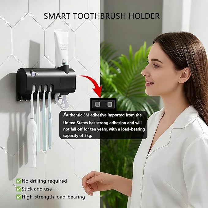 Toothbrush Holders, Electric Wall Mounted Toothbrush Holder with Toothpaste Dispenser, 4 Slots,No-Drill Mounting,Intelligent Sensing,Rechargeable, for Bathrooms,Hotels,Dormitories,RV (White)