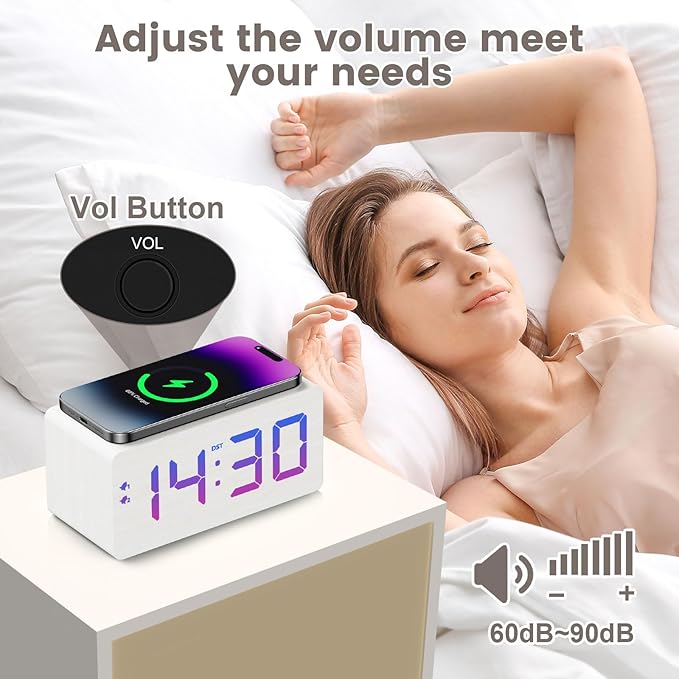 Wooden Digital Alarm Clock with Fast Wireless Charger, Dual USB Charging Ports, DST, Dimmable, Snooze, RGB Large Number Display LED Clock for Bedrooms, Living Room, Desk, Table, Bedside(White)
