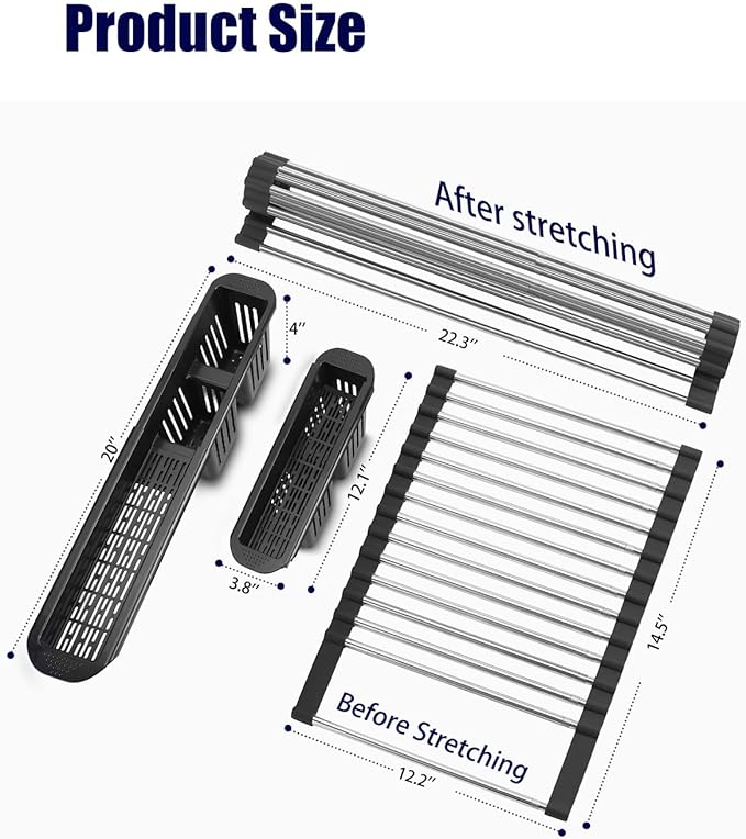 Roll Up Dish Drying Rack,Expandable Over The Sink Dish Drainer,Stainless Steel Kitchen Rolling Sink Rack with Utensil Holder,Length Up to 22.3" (Black)