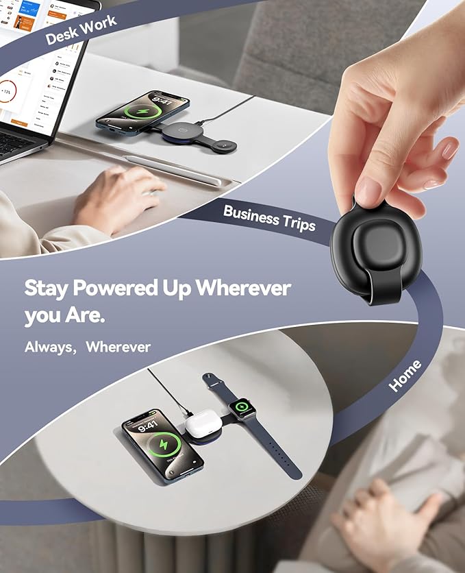 Wireless Charger iPhone Charging Station - 3-in-1 Magnetic MagSafe Charger Multiple Devices for Apple, 15W Fast Charging Foldable Travel Charging Pad for iPhone 17/16/15/14/13/12, AirPods, Apple Watch