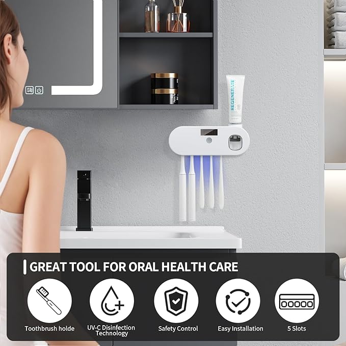 Toothbrush Holders - OVAS HOO Toothbrush Holder for Bathroom 5 Toothbrush Slots Toothbrush Holder Wall Mounted with Toothpaste Dispenser Chargeable Tooth Brushing Holder (White)