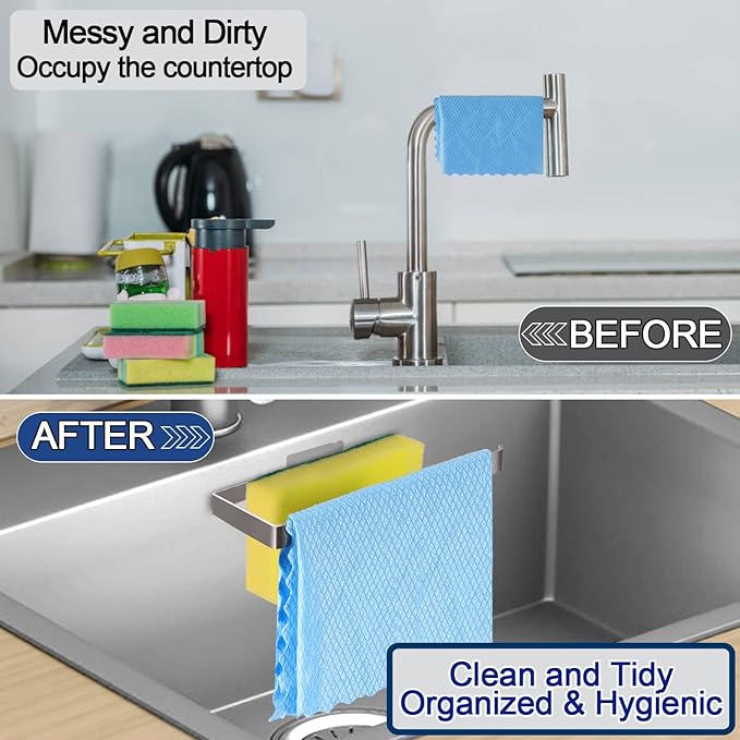 GAViA Kitchen Sink Sponge Holder - Sponge and Dish Cloth Hanger, Adhesive Rustproof Kitchen Sink Rack, 304 Stainless Steel, No Drilling
