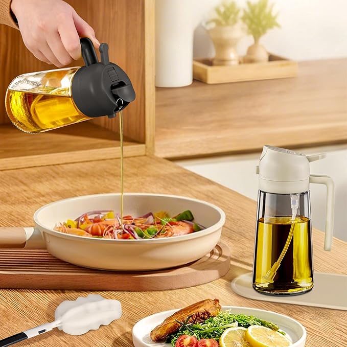 YARRAMATE 4Pcs 16oz/470ml Glass Olive Oil Sprayer Set with Stickers, Kitchen Gadgets, Including 2Pcs Non-Slip Bottle Mat, Cleaning Brush-Aesthetic Ideal Kitchen Gift