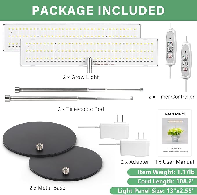 LORDEM Grow Light for Indoor Plant, Full Spectrum LED Plant Light, Height Adjustable Growing Lamp with Auto On/Off Timer 4H/8H/12H, 4 Dimmable Brightness, Ideal for Home Desk Plant Lighting, 2 Pack