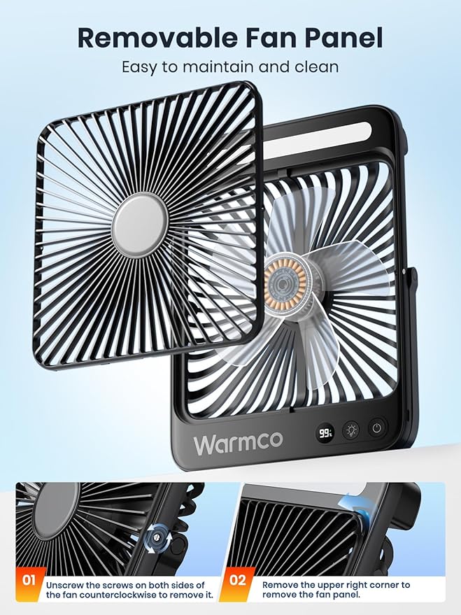Warmco 20000mAh Battery Powered Fan, Ultra-Slim 8-Inch Portable Camping Fan with LED Lantern, Up to 48H Runtime Rechargeable Desk Fan for Bedroom, Outdoor, Tent, Travel, Cruise Ship Essentials