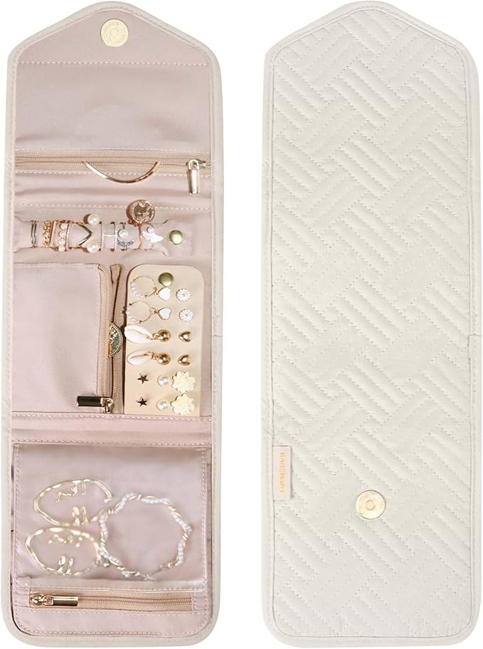 BAGSMART Travel Jewelry Organizer Case Foldable Jewelry Roll for Journey Rings, Necklaces, Earrings, Bracelets,Mini,Beige