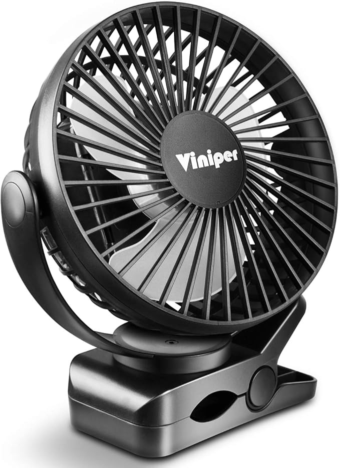 Viniper 6 inch Rechargeable Clip on Fan, 5000mah Battery Desk Fan : 360° Rotation & 3 Speeds Strong Wind Portable Fan, 8-30 Working Hours, Quiet and Powerful (Black)