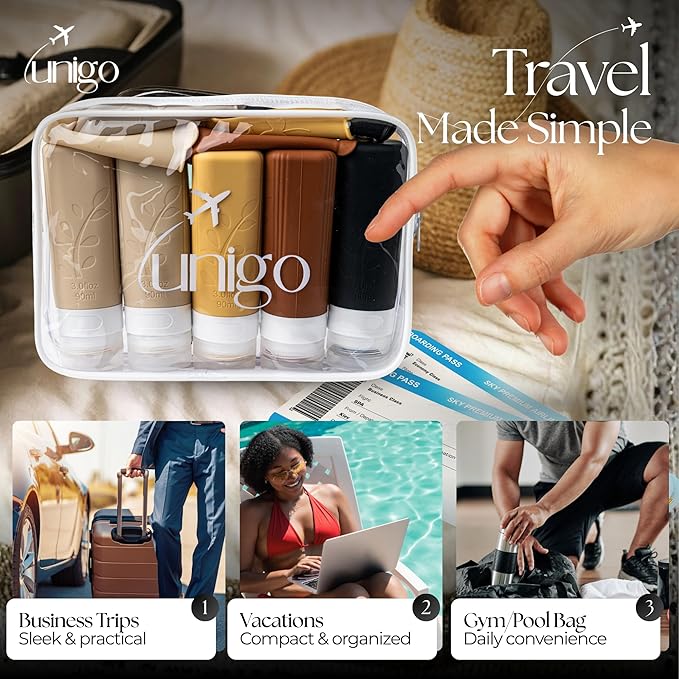 unigo Silicone Travel Bottles Set for Toiletries, Airplane Approved TSA Carry On Size, BPA Free Leakproof Refillable Squeeze Containers with Labels, Cleaning Brush and Covers (Apricot)