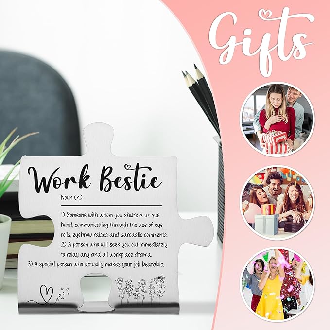 Work Bestie Puzzle Desk Sign for Coworker Women Men, Stainless Steel Appreciation Gift for Office Colleague, Funny Thank You Plaque for Promotion, Birthday, Retirement, Work Anniversary Decor - FSD351
