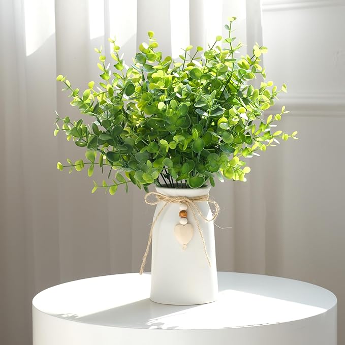 Realistic Artificial Eucalyptus Plant in Ceramic Vase, Fake Greenery for Home and Office Décor, Low Maintenance Desk Plant