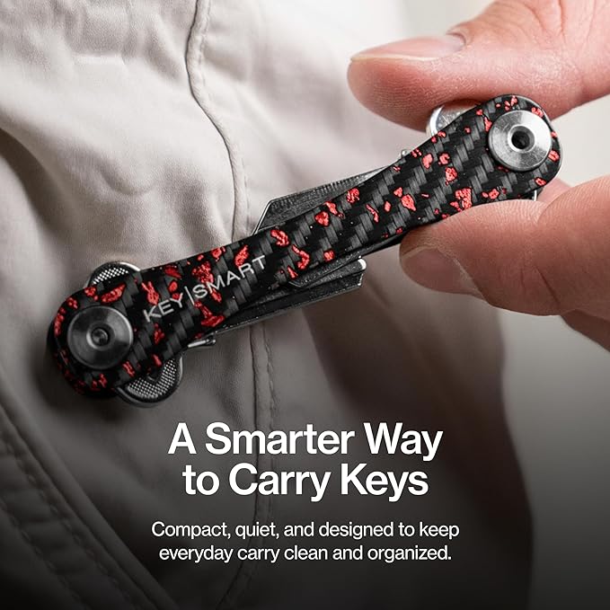 KeySmart Original Key Holder - Compact Key Organizer for Key Chain, Minimalist Clutter-Free EDC Keychains Key Ring, Red Forged Carbon Fiber, 14 Keys