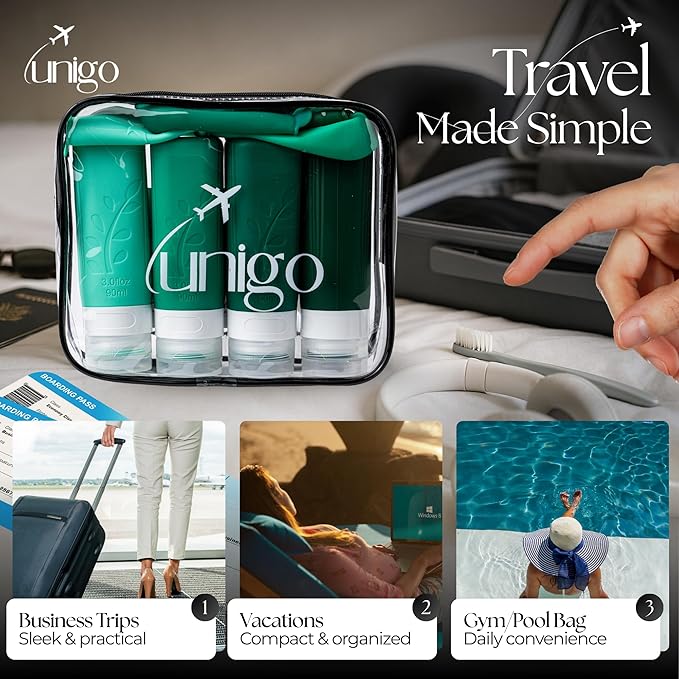 unigo Silicone Travel Bottles Set for Toiletries, Airplane Approved TSA Carry On Size, BPA Free Leakproof Refillable Squeeze Containers with Labels, Cleaning Brush and Covers (Green)