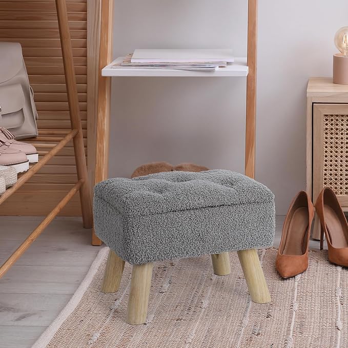 Storage Ottoman, Small Storage Ottoman Foot Stool with Wood Legs, Teddy Velvet Rectangular Foot Rest for Chair, Soft Sponge White Footstool for Living Room, Couch, Bedroom, Dorm (Grizzly)