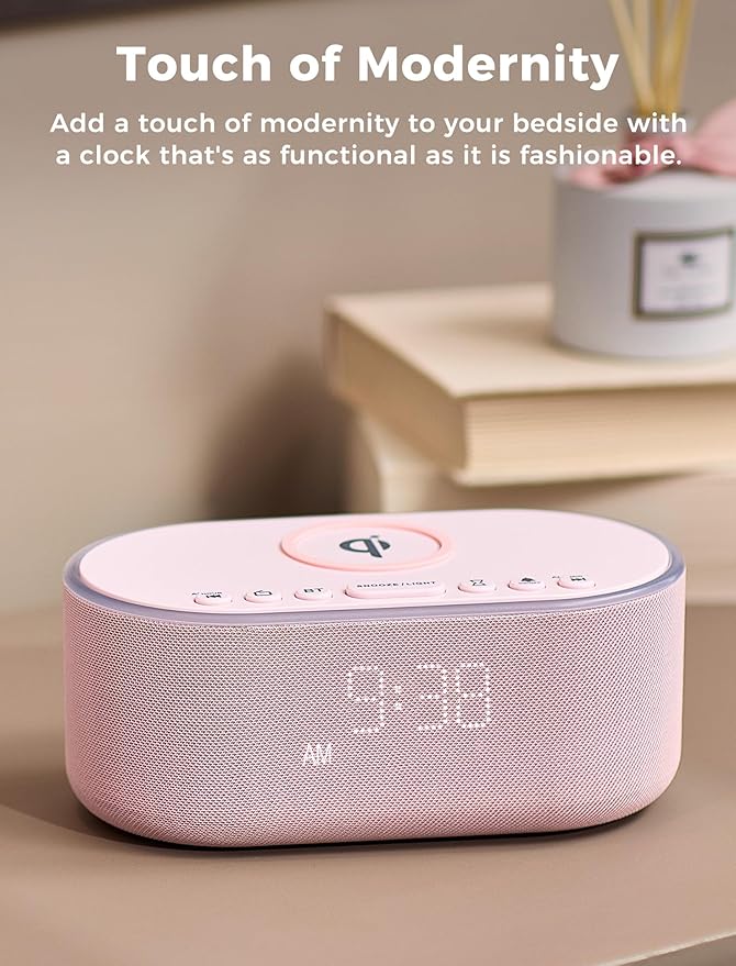 Wireless Charging Alarm Clock Radio: Qi Certified Fast Wireless Charger for iPhone Samsung - 10W Stereo Bluetooth Speaker - Dimmable Digital Clock with FM Radio for Bedroom Pink