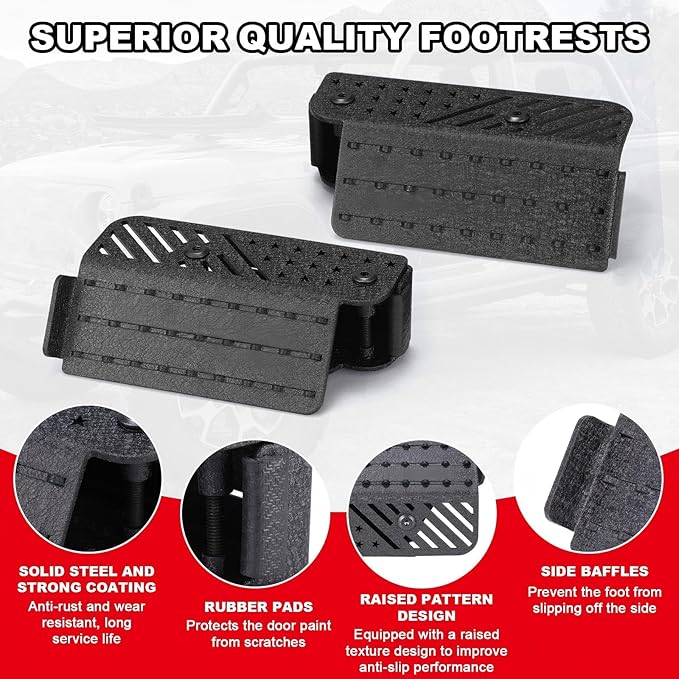 Timtin 2 Pack 120° Ergonomic Foot Pegs Compatible with Jeep/Wrangler JK/JKU/JL/JLU (2007-2026) JT (2020-2026) American Flag Foot Rest Non Slip Metal Exterior Door Off Hinged Pedal Without Drilling