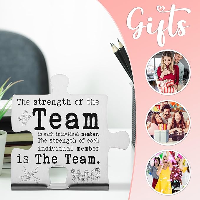 The Strength of the Team Puzzle Desk Sign for Coworkers Employees Friends, Engraved Stainless Steel Motivational Gift, Inspirational Office Decor Plaque for Team Unity and Recognition - FSD335