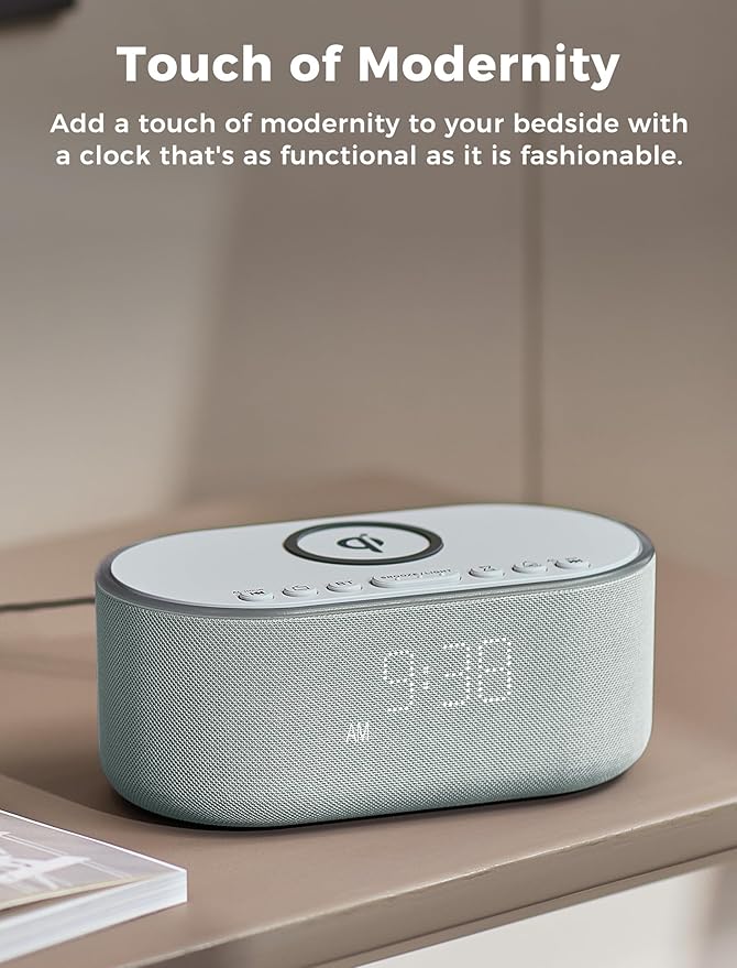 Wireless Charging Alarm Clock Radio: Qi Certified Fast Wireless Charger for iPhone Samsung - 10W Stereo Bluetooth Speaker - Dimmable Digital Clock with FM Radio for Bedroom Cloud Blue