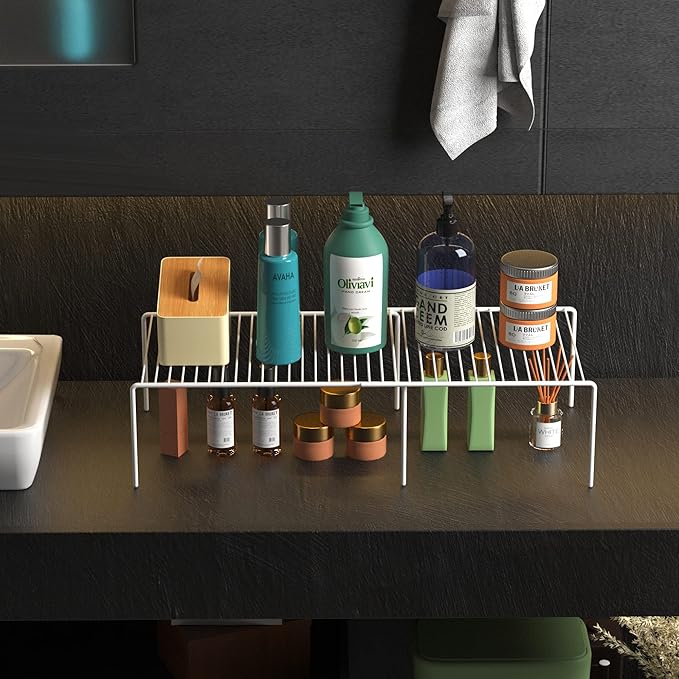 Redrubbit Cabinet Storage Shelf Rack, Expandable Metal Rustproof Kitchen Counter and Cabinet Shelf, Storage Rack Organizer Space Saver for Kitchen, Fridge, Cabinet, Bathroom, White