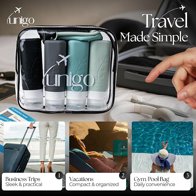 unigo Silicone Travel Bottles Set for Toiletries, Airplane Approved TSA Carry On Size, BPA Free Leakproof Refillable Squeeze Containers with Labels, Cleaning Brush and Covers (Gray)