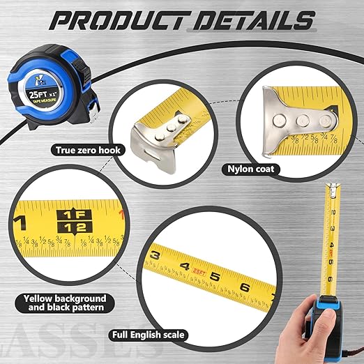 Youyole 5 Pack Tape Measure with Fractions 1/8 Steel Measuring Tape Retractable Easy Read Measurement Ruler Steel Power Blade (25 ft X 1 in,Blue)