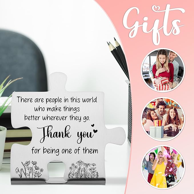 Thank You Puzzle Desk Sign for Coworkers Volunteers Friends, Engraved Stainless Steel Inspirational Gift for Appreciation, Motivational Office Decor Plaque for Recognition and Gratitude - FSD343