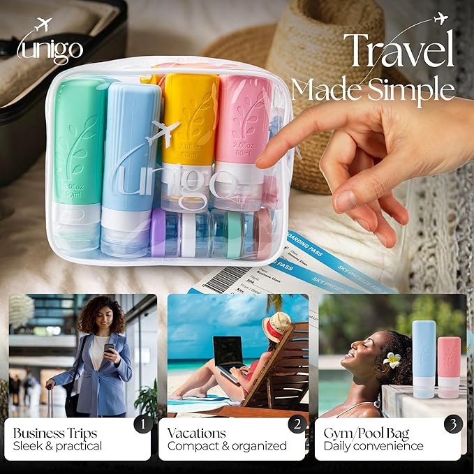 unigo Silicone Travel Bottles Set for Toiletries, Airplane Approved TSA Carry On Size, BPA Free Leakproof Refillable Squeeze Containers with Labels, Cleaning Brush and Covers (Multicolor A)