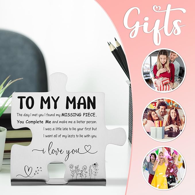 To My Man Puzzle Desk Sign, Stainless Steel Missing Piece Love Gift for Boyfriend Husband, Romantic I Love You Keepsake for Anniversary, Valentine's Day, Birthday Nightstand Decor - FSD353