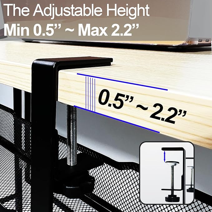 No Drill Under Desk Cable Management Tray with clamp-Premium Wire Tray Cord Organizer – Thin Steel Cable Tray Basket with Charger Holder for Desk–Black Cable Management Box–Easy to Install